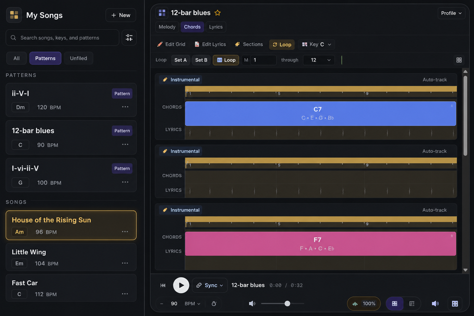 My Songs library with a Patterns folder, search, and cards for ii–V–I and 12-bar blues.